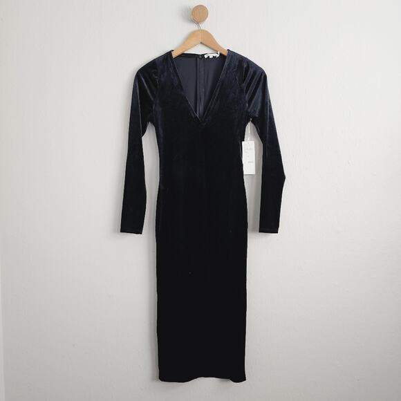 NWT Good American Black Stretch Velvet Deep V-Neck Long Sleeve Midi Dress XS - Picture 4 of 11